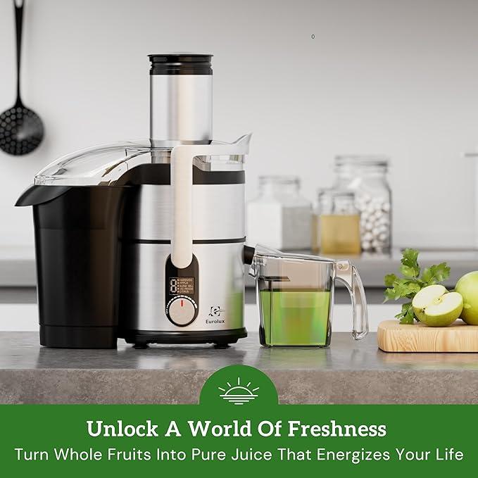 Eurolux Premium Juicer Machine 800W Pro Centrifugal Juicer with Wide Mouth 3" Feed Chute for Whole Fruits & Vegetables Easy to Clean Stainless Steel BPA-Free Powerful Juice Extractor Smoothie Blender