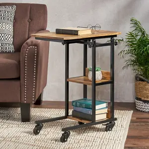 [SOIYELIFE] Adjustable C-Shaped Laptop Table - Mango Wood & Metal Multi-Functional Bedside Table with Locking Casters, 22"W x 14"D x 28-35"H Modern Industrial Design Cool furniture