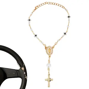 1pc Golden Cross Steering Wheel Rosary - Elegant Religious Car Accessory & Prayer Beads, Hands-Free Driving Jewelry for all Vehicles (Cars, Trucks, Motorcycles)
