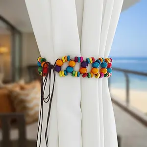 Boho Chic Wooden Bead Curtain Tiebacks, 2 Counts, Colorful No-Tie Design, Perfect for Living Room & Bedroom Windows