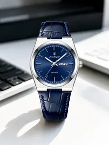 Men's Luxury Fashion Analog Quartz Watch, Quartz Movement, Stainless Steel Case, Leather Strap, 30m Waterproof, Night Glow Hands, Business & Casual