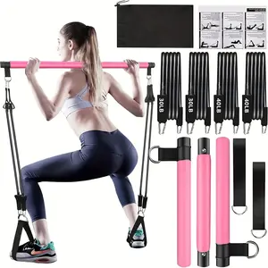8pcs  - Pilates Bar Kit with 4 Resistance Bands (140 Lbs) Portable Home Gym Fitness Equipment  with Ankle Straps And Portable Drawstring Backpack for Men And Women Fitness Workout Adjustable Bed Restraints Set Wooden Gymnastic Rings