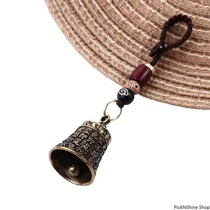 Brass Bell Keychain Pendant Engraved Mantra Charm Handmade Woven Rope Lanyard Hanging Ornament for Keys Bag Decoration Craft Accessory