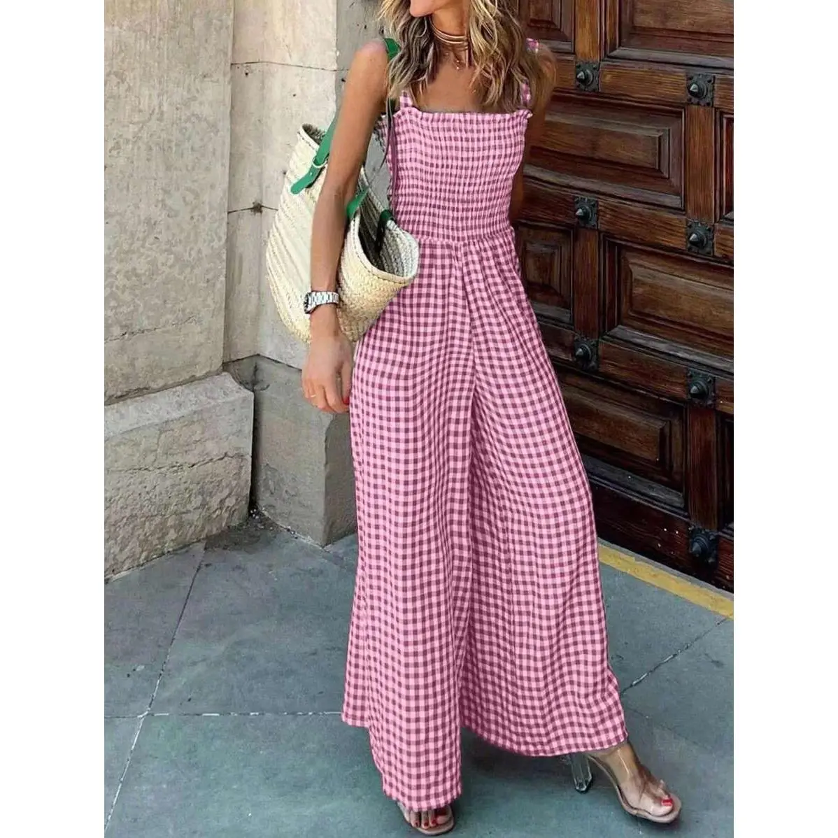 New Summer Fashion Plaid Jumpsuit Casual Sleeveless Overalls For Women