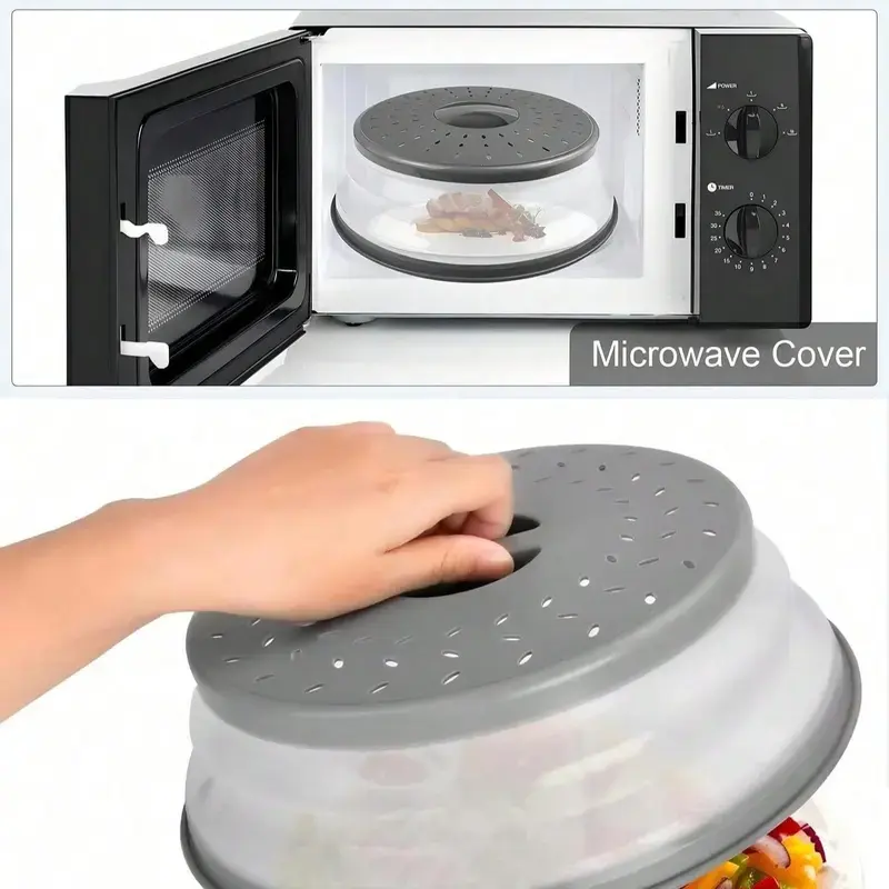 1PC Upgraded Collapsible 10.5in Microwave Lid, Vented Foldable Splatter Guard, Multi-Functional Kitchen Cover for Heating & Produce Washing