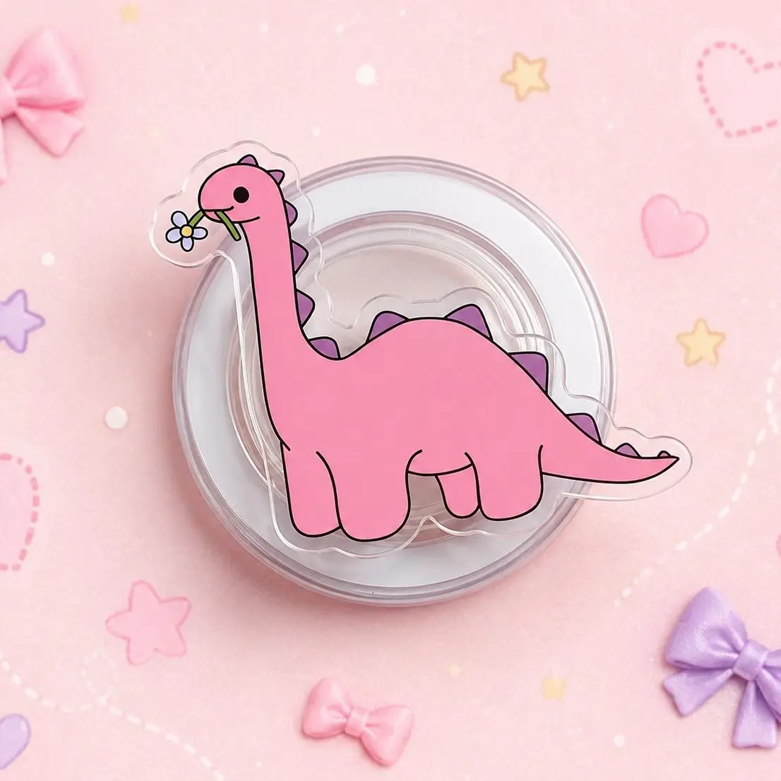 Cute Pink Dinosaur MagSafe Phone Grip – Flower Dino Magnetic Phone Holder & Kickstand – Kawaii Pastel Gift