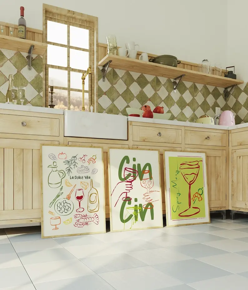 Hand Drawn Kitchen   Set of 3 Retro Wall Art Kitchen Wall Prints Aesthetic Kitchen decor Kitchen Inspo Kitchen Illustration Trendy art