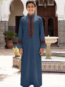 Moroccan Style Boy Stand Collar Jubba Robe, Deep Blue Body Colorful Diamond Geometric Embroidery, Versatile Long Dress for Multiple Occasions