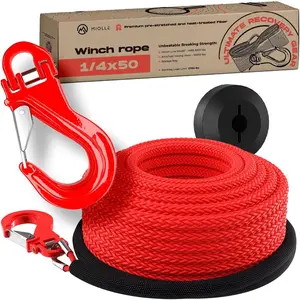 Synthetic Winch Line Cable Rope for ATV, UTV, Snow plow pre Stretched 8200LBS-MBS/2700W.L.L. (1/4x50, Rope, Hook, Stopper)