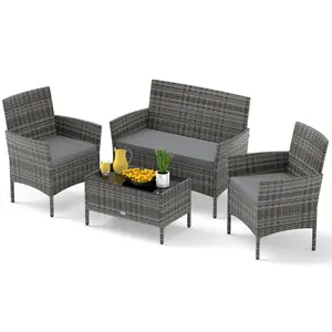 COSTWAY - 4 Pieces Patio Rattan Conversation Set with Tempered Glass Coffee Table-Gray