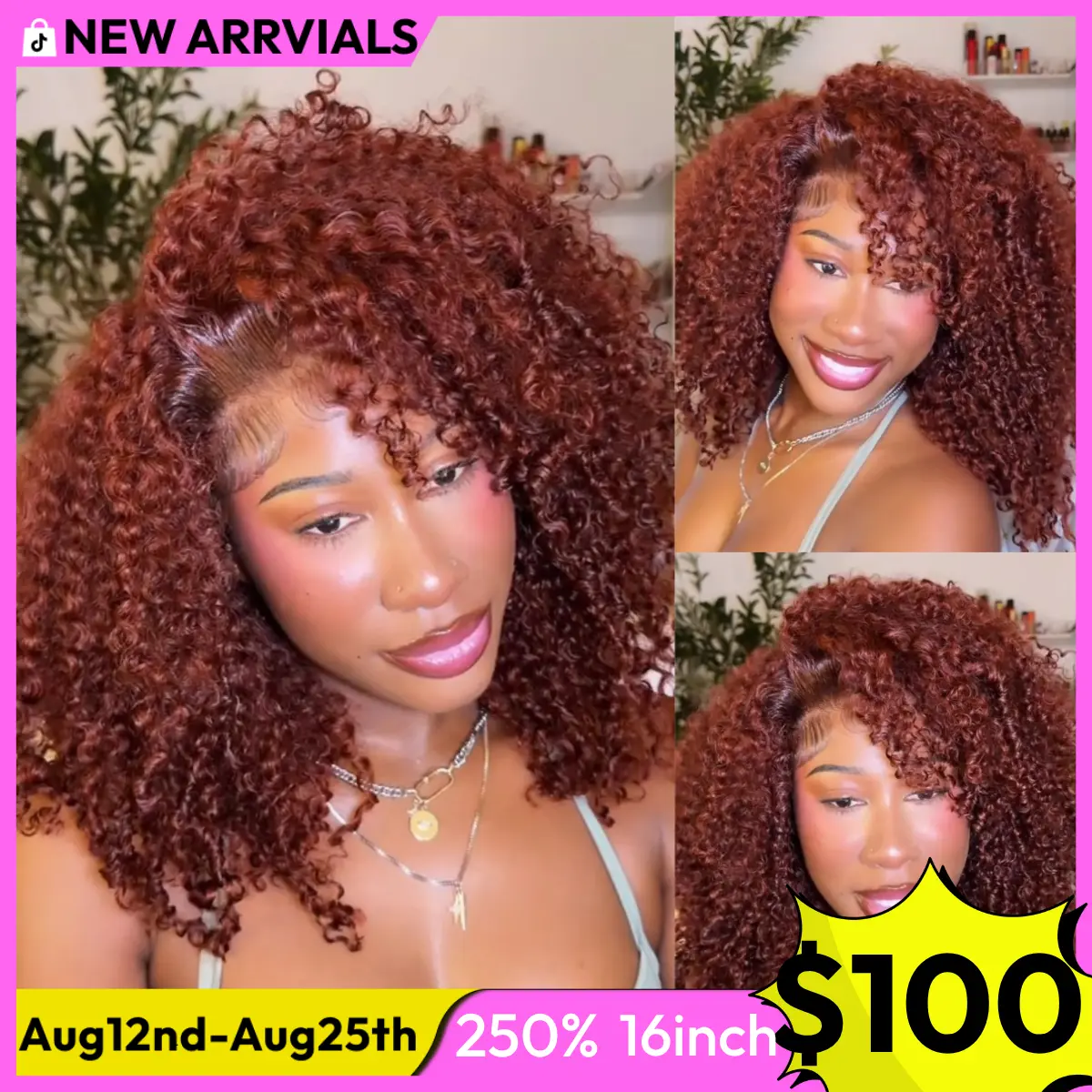 UNice 250% Density Reddish Brown Fluffy Afro Kinky Curly with Layered Finger Coil Ends Glueless 7x5 HD Lace Closure Human Hair Wigs No Slip Beginner-Friendly Natural Looking Summer Wig Tiktokshopsummersale