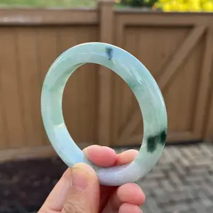24123-L Certified Untreated Grade A Burmese Jadeite Bangle - Round 57mm (Icy Green Floral)
