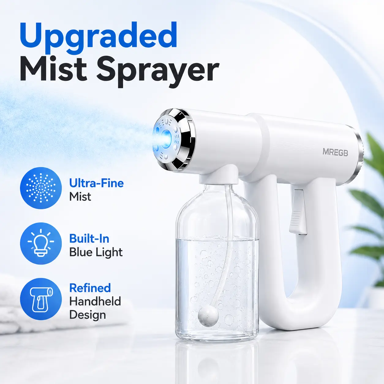 MREGB Professional Nano Spray Gun & Blue Light Nebulizer. Cordless Rechargeable Fine Mist Atomizer. Portable Disinfectant & Sanitizing Steam Sprayer for Barber, Salon, Home Cleaning & Car Interior.