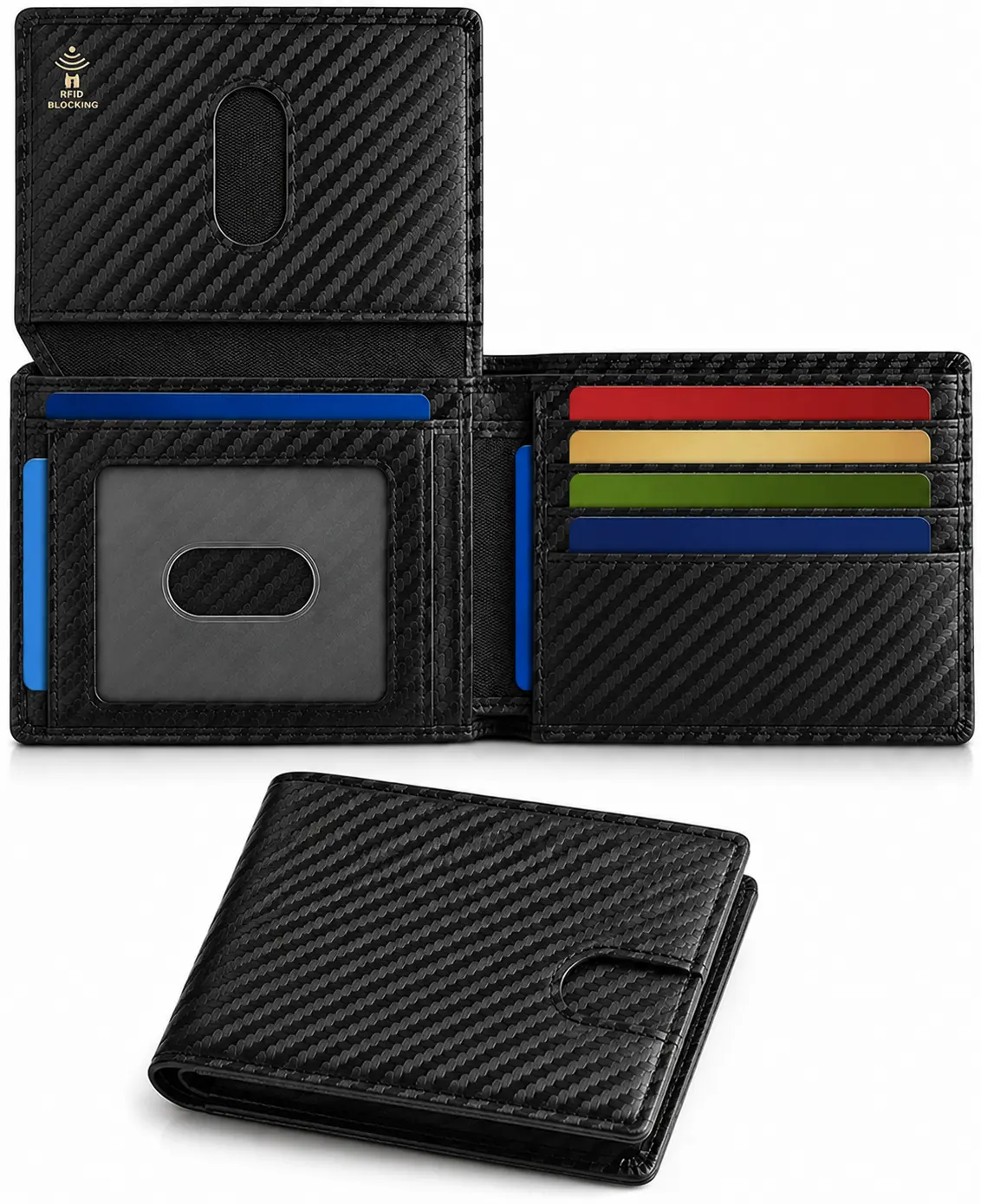 Men's Slim RFID Blocking Bifold Wallet - Carbon Fiber Style, Business Card Wallet, Everyday Carry, Thin Profile, ID Window, Anti-Theft Pockets (1 Pack)