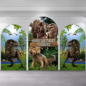 Jurassic Dinosaur Birthday Arch Covers Stretchy Backdrop, T-Rex Jungle Happy Birthday Design, Perfect for Boys Kids Birthday Party Photo Backdrop