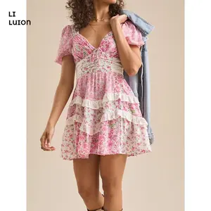 Women Summer Floral Patchwork Mini Dress V Neck Tie Back Tiered Ruffle Dresses Bohemia Layered Swing Short Dress Womenwear Clothes Cute