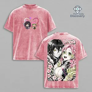 Limited Obanai x Mitsuri Love Hashira Demon Slayer Oversized Washed Tee Vintage Heavy Cotton Couple Anime Shirt Collector’s Otaku Drop Clothes Soft 100% Cotton Relaxed Fit Classic Seamless