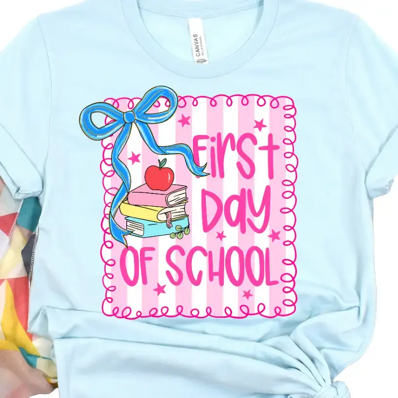 Preppy DTF Ready-To-Press T-Shirt Design - Pink Stripes, Blue Bow, Direct-To-Film Print for Toddler, Youth, 10.50" Adult L/XL, 4" Pocket Quick Production (DIY Specialty Supplies), First Day Of School