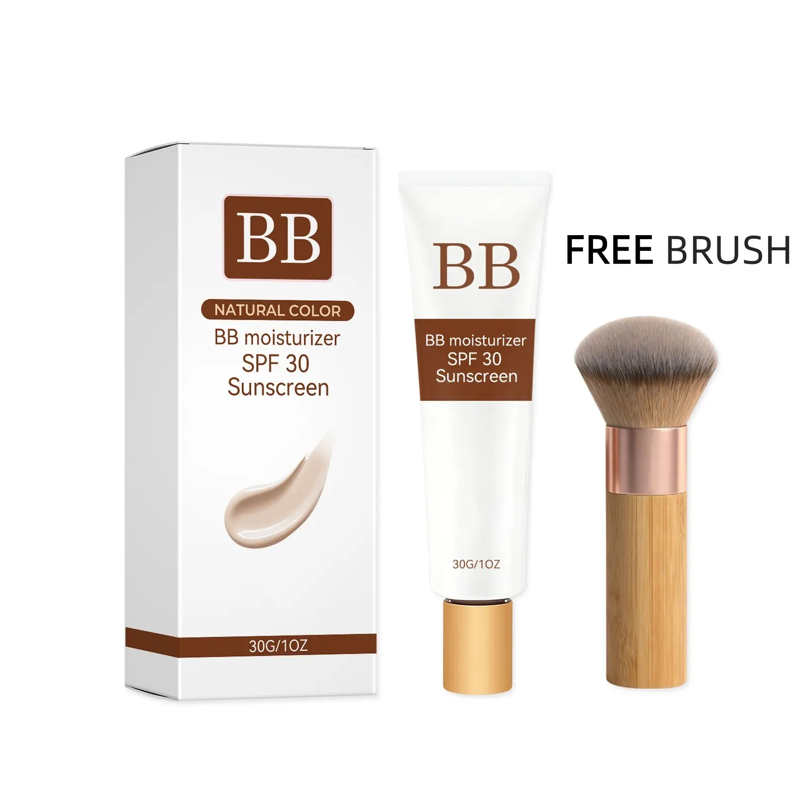 BB Natural Color Tinted Moisturizer SPF 30 Sunscreen, 30g/1oz - Daily Natural Foundation for Brightening, Hydrating & Smoothing Skin, with Free Brush