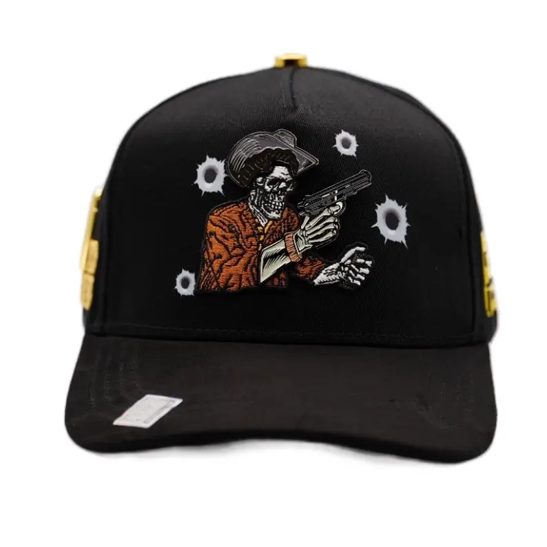 Bigg Boss Chalino Sánchez SnapBack Hat with 3-D Skeleton Design and Gold Accents