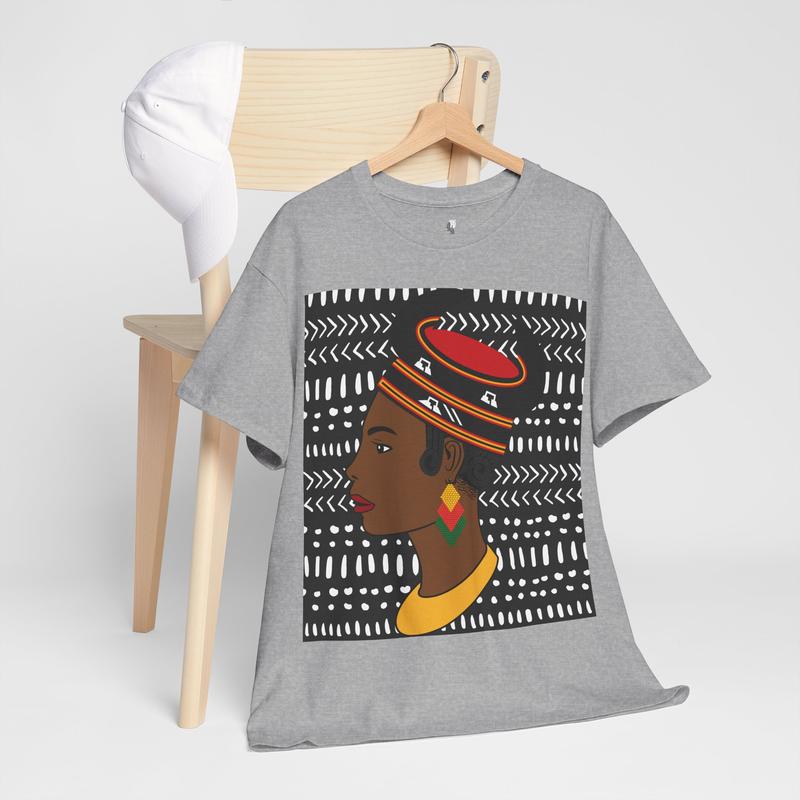 African Lady in Bamenda Bamileke Hat Unisex Tee, Ethnic Mudcloth T-Shirt, Black Boho Shirt, Festival Clothing, Afrocentric Top