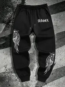 Men's Casual Cargo Pants, Angel Wings Print, Elastic Waistband, Loose Fit, Fashionable Streetwear, All-Season Wear