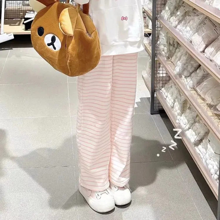 Sweet Girl Pink Horizontal Stripe Straight Leg Pants, Comfy Daily Loose Fit Sweatpants