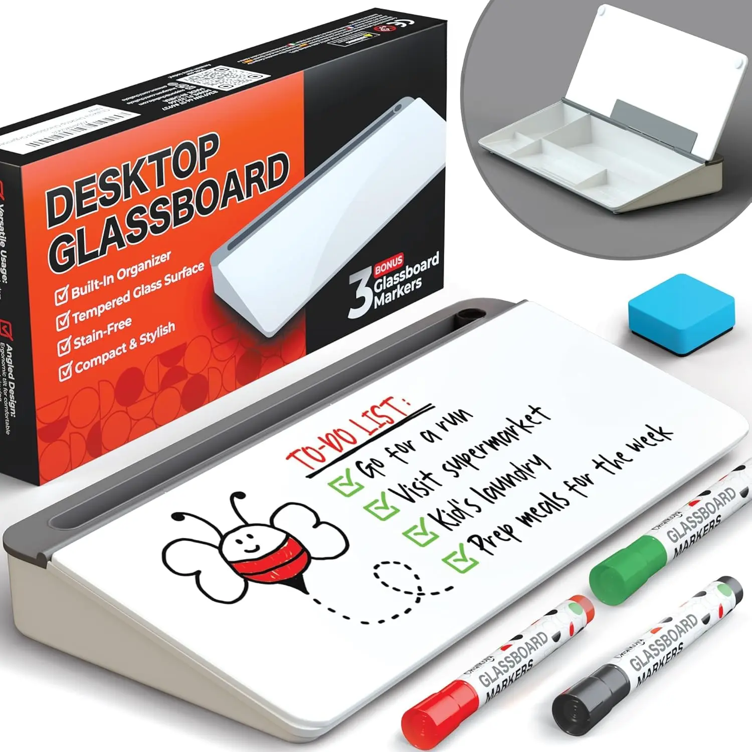 Glass Desktop Whiteboard with Storage - Dry Erase Board, Work Desk Organizers, Computer Keyboard Stand,  Office Desk Accessories, Small White Board, Workspace Desktop Buddy + 3 Markers