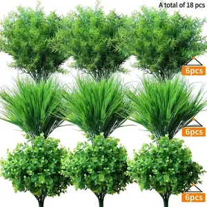 18 Pcs No Fade Artificial Plants Greenery Stems, 3 Types Realistic Faux Eucalyptus Grass Shrubs, UV Resistant Faux Greenery for Outdoor Indoor Home Garden Yard Window Box Porch Patio Balcony Farmhouse Wedding Party Table Centerpieces DIY Decoration