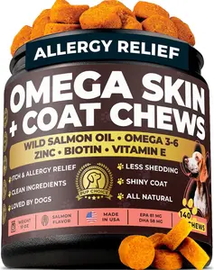 Omega 3 Skin & Coat Chews for Dogs – Wild Salmon Oil, Omega 3-6, Biotin, Zinc & Vitamin E – Supports Healthy Skin & Coat – Helps with Itchy Skin, Shedding – Tasty Salmon Flavor Supplement - 140 Count