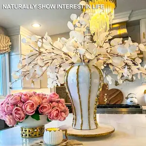 Stylish Gold Ceramic Ginger Jar with Decorative Design Set and Ornaments - Tin Centerpiece Vase Gift Multicolor