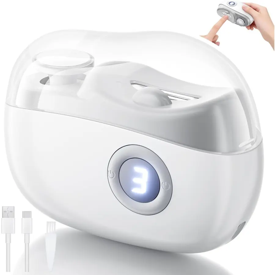 Rechargeable Electric Nail Clippers, 2-in-1 Automatic Nail Trimmer & File Polisher with 3 Speeds & LED Light, Safe for Seniors & Thick Toenails, Light Pink