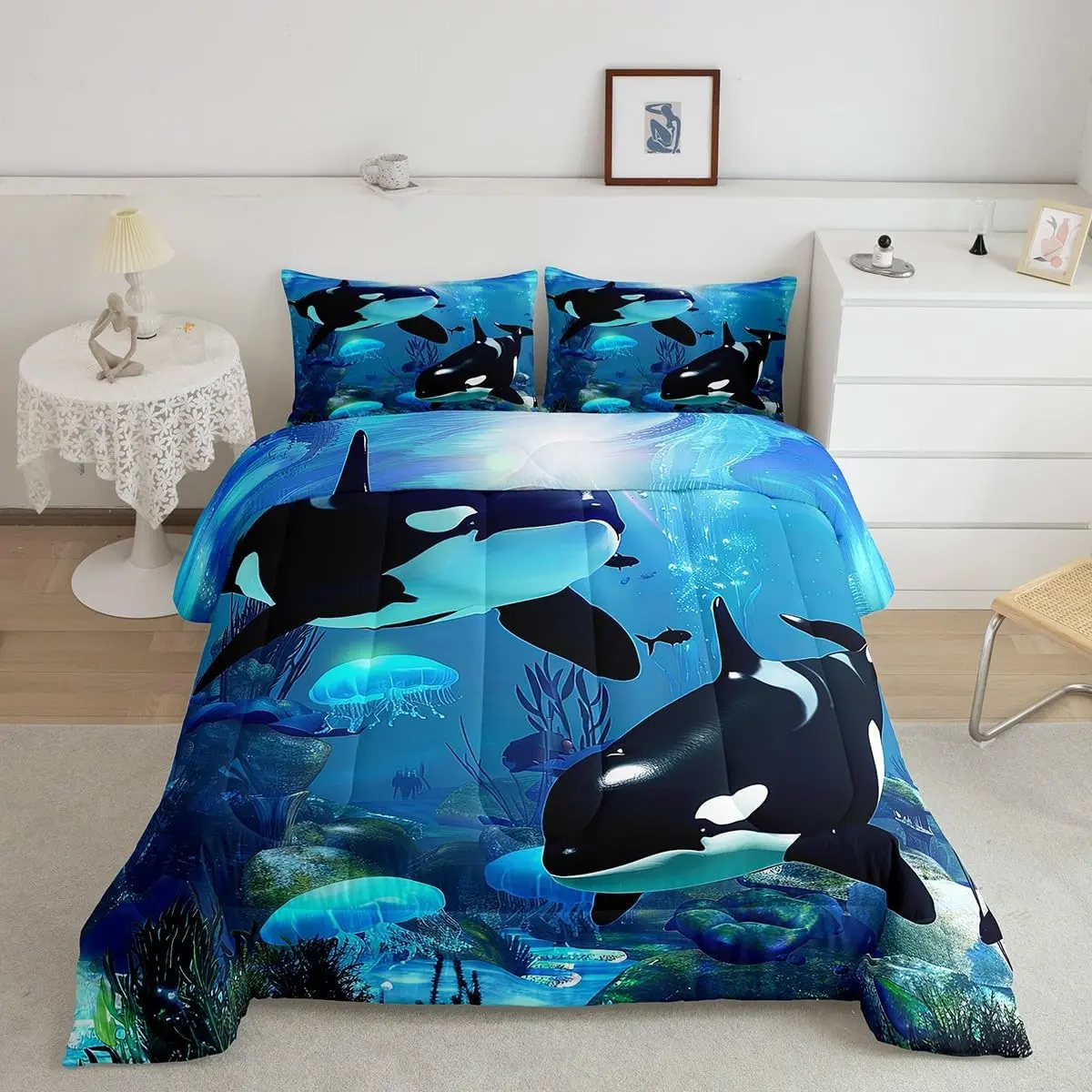 Feelyou Teal Ocean Whale Comforter Set - Multi-Size Microfiber Bedding with Jellyfish & Orcinus Orca Designs, Soft Breathable Lightweight Blanket, Travel-Ready Quilt Set for Twin/Queen, Comfy Blankets, Soft Breathable Blanket