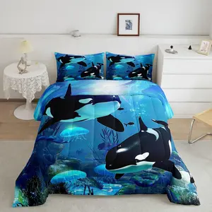 Feelyou Teal Ocean Whale Comforter Set - Multi-Size Microfiber Bedding with Jellyfish & Orcinus Orca Designs, Soft Breathable Comfy Lightweight Blanket for Twin/Queen, Travel-Ready Ocean World Quilt Set, Comfy Blankets