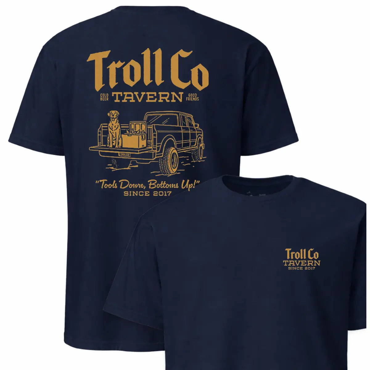 Troll Co Tavern Truck T-Shirt Navy Graphic Tee Tools Down Bottoms Up Dog Carrier Pickup Design Men Vintage Bar Lifestyle Casual Top Workwear Style Apparel Cotton ShortSleeve Boy