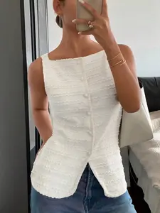 Textured Square Neck Sleeveless Bodycon Split Back Vest, Summer New Fashion Versatile Top, Stylish and Comfortable Casual Upperwear