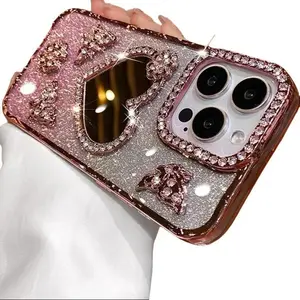 Heart Make up Mirror Case For iPhone 16 Pro Max 15 Plus Plating Butterfly Cover For iPhone 14 Pro 13 12 17 Glitter Diamond Case