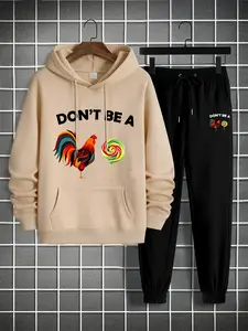 Hoodie and Pants Set, Don't Be a Rooster & Lollipop Print, Geometric Pattern, Fitted Long Sleeve, Casual Urban Fashion