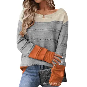 Women's Cute Long Sleeve Sweaters Off The Shoulder Pullover & Color Block Crewneck Knit Tops, Hollow Out Crochet Design for Girls Dressy Casual Outfits
