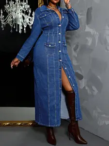Plus Size Button-Front Denim Fit Dress, Casual Long Sleeve Collared Dress for Summer, Women's Clothing for Daily Wear, Womenswear, Garment