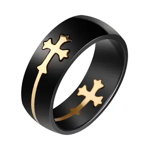Men's Black Cross Stainless Steel Ring - Fashionable Simple Business & Hip-hop Punk Styles, Stainless Steel Jewelry, Cross/Crucifix Motif Anti-rust Blacked-out Rings, Ideal for Party Gifting