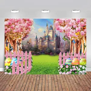 Princess Castle Pattern Backdrop, Floral Castle Backdrop, Pink Sakura Forest Rainbow Flowers Floral Fantasy Fairy Tale Wonderland Background, Banners