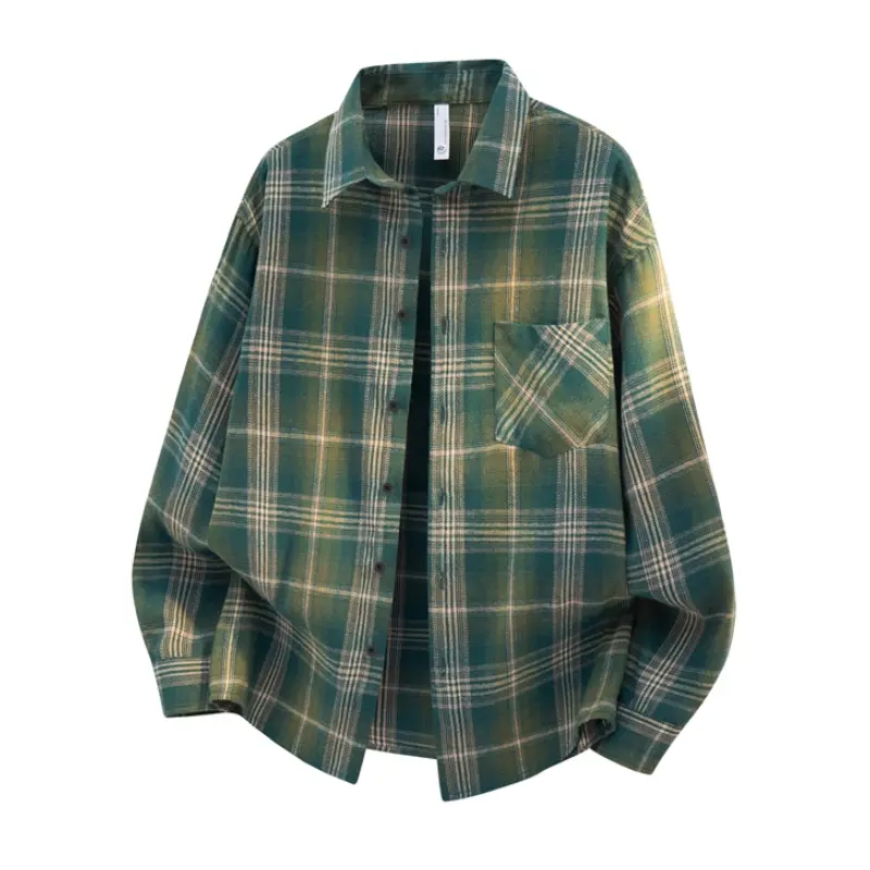 Men's Plaid Flannel Shirt, Vintage Green Gradient Long Sleeve Button Down, Oversized Breathable Checked Outerwear for Spring Street Fashion