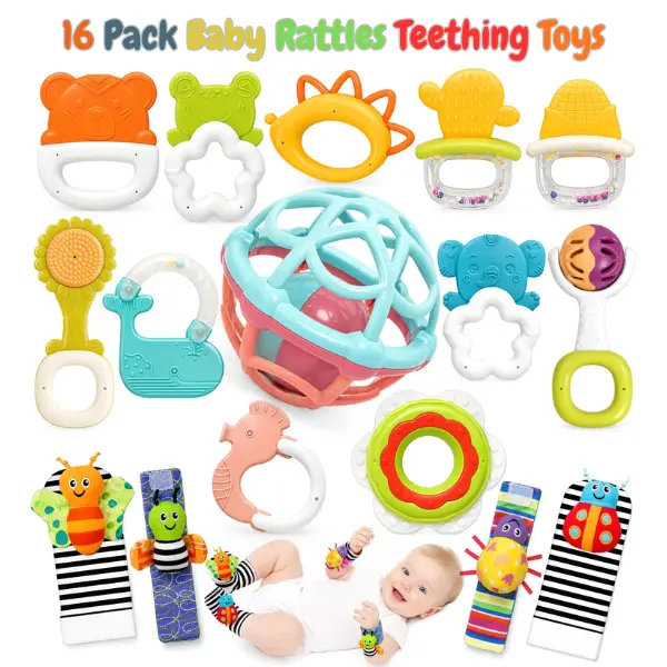 16 Pack Baby Rattles & Teething Toys for Newborns 0-6 Months, Infant Sensory Toys with Rattle Socks & Wrist Toys, Baby Developmental Toys for Boys & Girls 6-12 Months