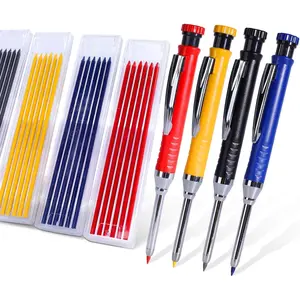 4 Pack Carpenter Pencil with Sharpener, Mechanical Pencils Set with 28 Refills, Construction Pencil Heavy Duty Woodworking Pencils (Red, Black, Yellow, Blue) Deep Hole Long Nib Marker Pens