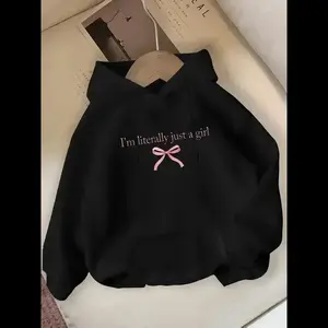 [Playful Statement Hoodie] Playful Statement Hoodie - Women's Casual Black Pullover with I'm Literally Just a  Print & Pink Bow Detail, Cozy Soft Texture, Pockets, Perfect for Fall & Winter, Everyday Comfort Apparel