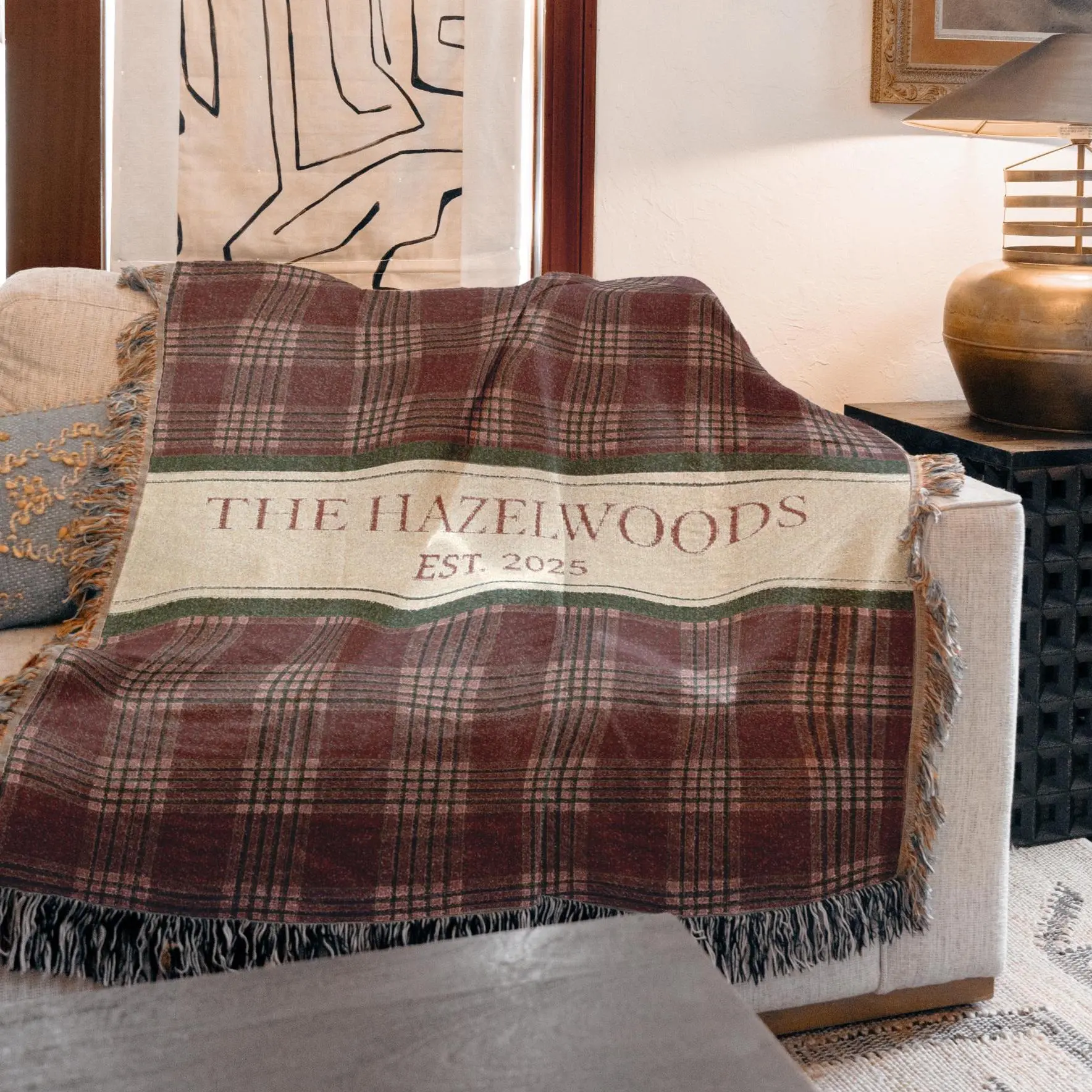 Personalized Woven Throw Blanket | Modern Plaid, Unique Custom Gift for Wedding Engagement Anniversary Keepsake, Family or Couple Last Name