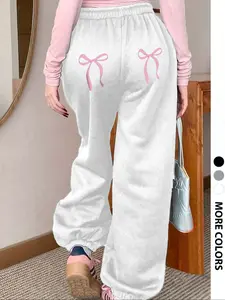 Women's Bow Print Knit Pants, Casual Comfy Trousers for Daily Wear, Ladies Bottoms for All Seasons