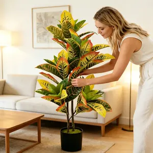 Artificial Croton Palm Tree, 3ft Realistic Colorful Variegated Faux Croton Plant, UV Resistant Low Maintenance Potted Fake Tropical Tree, Indoor Outdoor Floor Decor for Living Room Office Patio Porch Garden Balcony