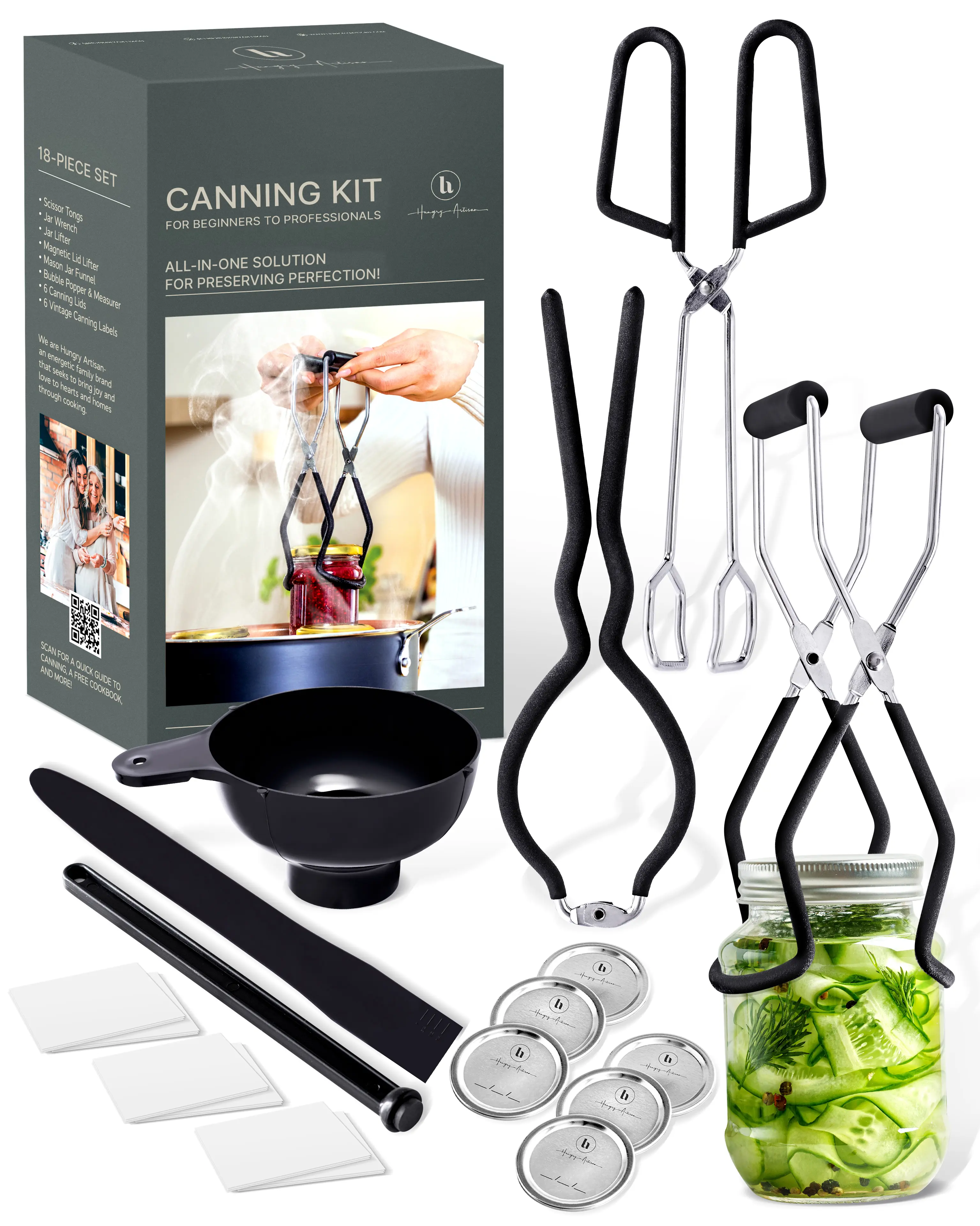 Hungry Artisan Ultimate Kitchen Canning Starter Kit - 18-Piece Beginner-Friendly Stainless Steel Heat Resistant Utensils Set, Complete Home Canner Equipment with Jar Lifter, Funnel, Wrench, Tongs, Bubble Popper, Magnetic Lid Lifter, Canning Labels, Lids,
